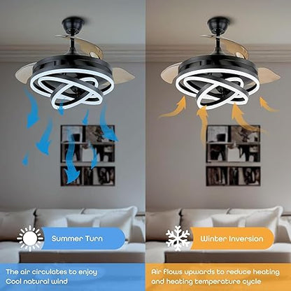 42 Inch Smart Retractable Ceiling Fan with 220V LED Light, Modern Chandelier Fancy Fan with Remote Control & LED Light, Reversible Motor (ELF3)