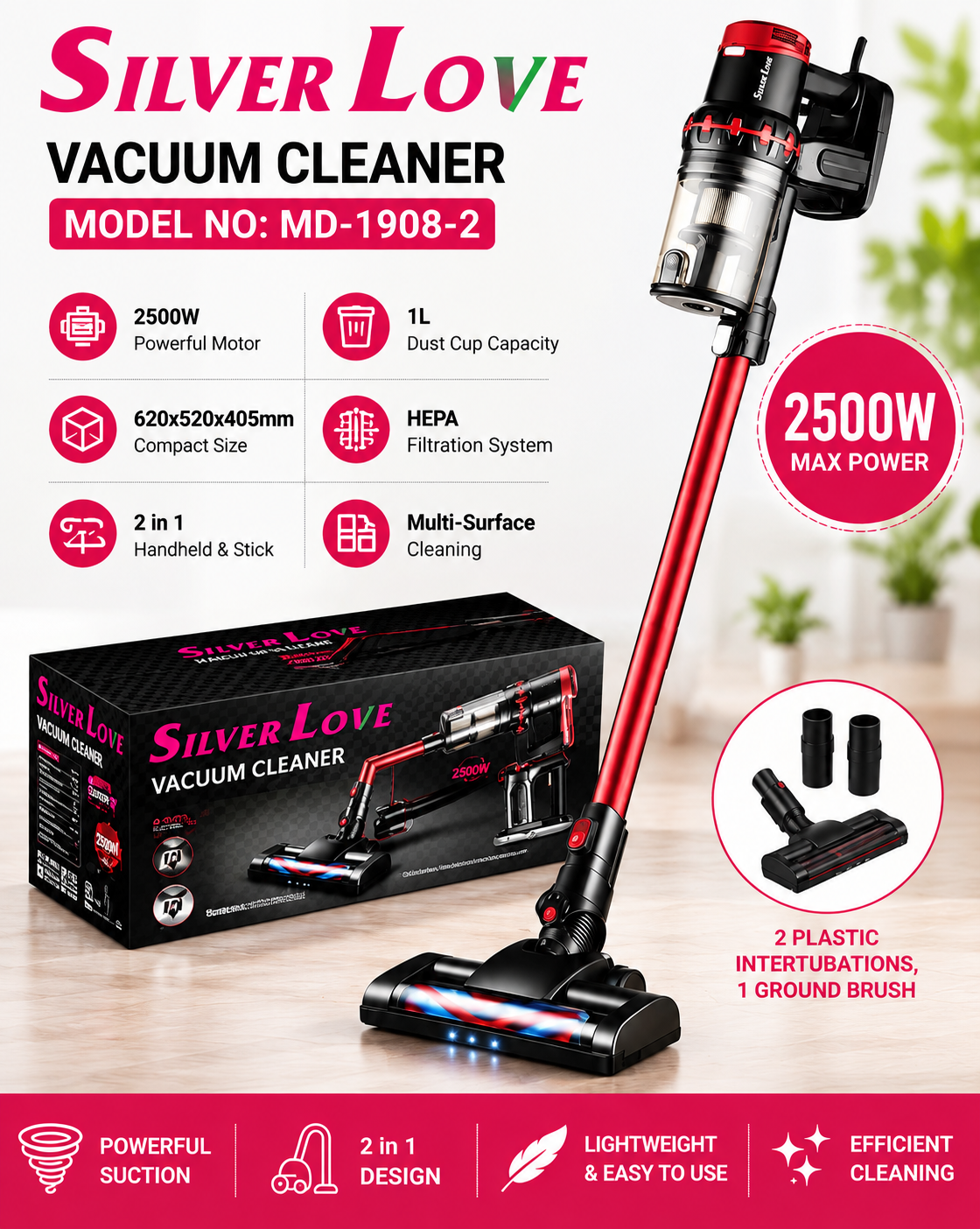 Silver Love 2500W 2-in-1 Stick & Handheld Vacuum Cleaner with HEPA Filtration – MD-1908-2