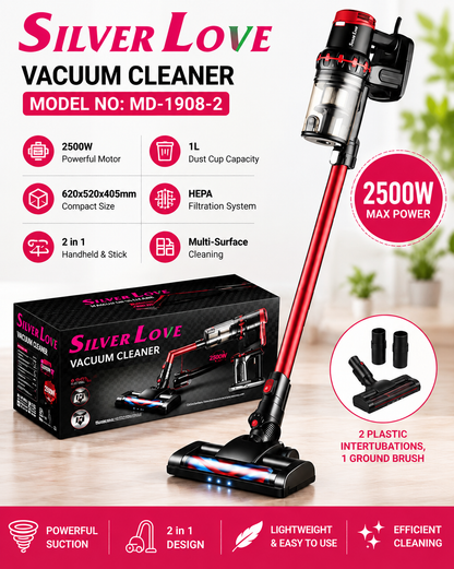 Silver Love 2500W 2-in-1 Stick & Handheld Vacuum Cleaner with HEPA Filtration – MD-1908-2