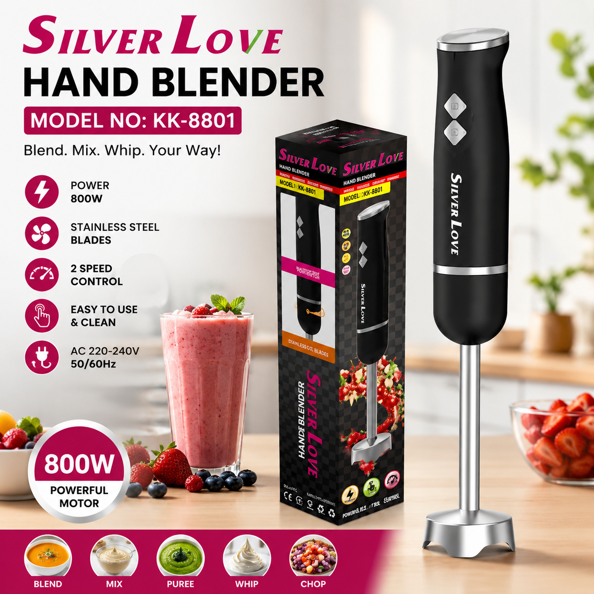 Silver Love 800W Hand Blender – Stainless Steel Stick Blender for Kitchen