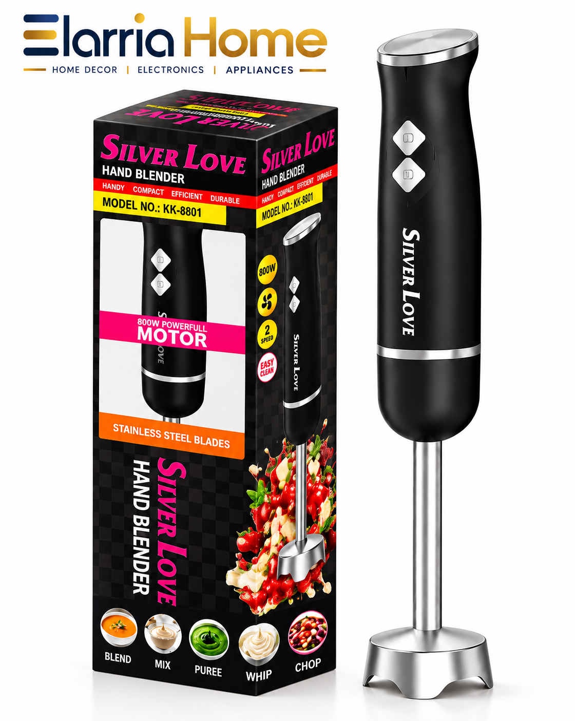 Silver Love 800W Hand Blender – Stainless Steel Stick Blender for Kitchen