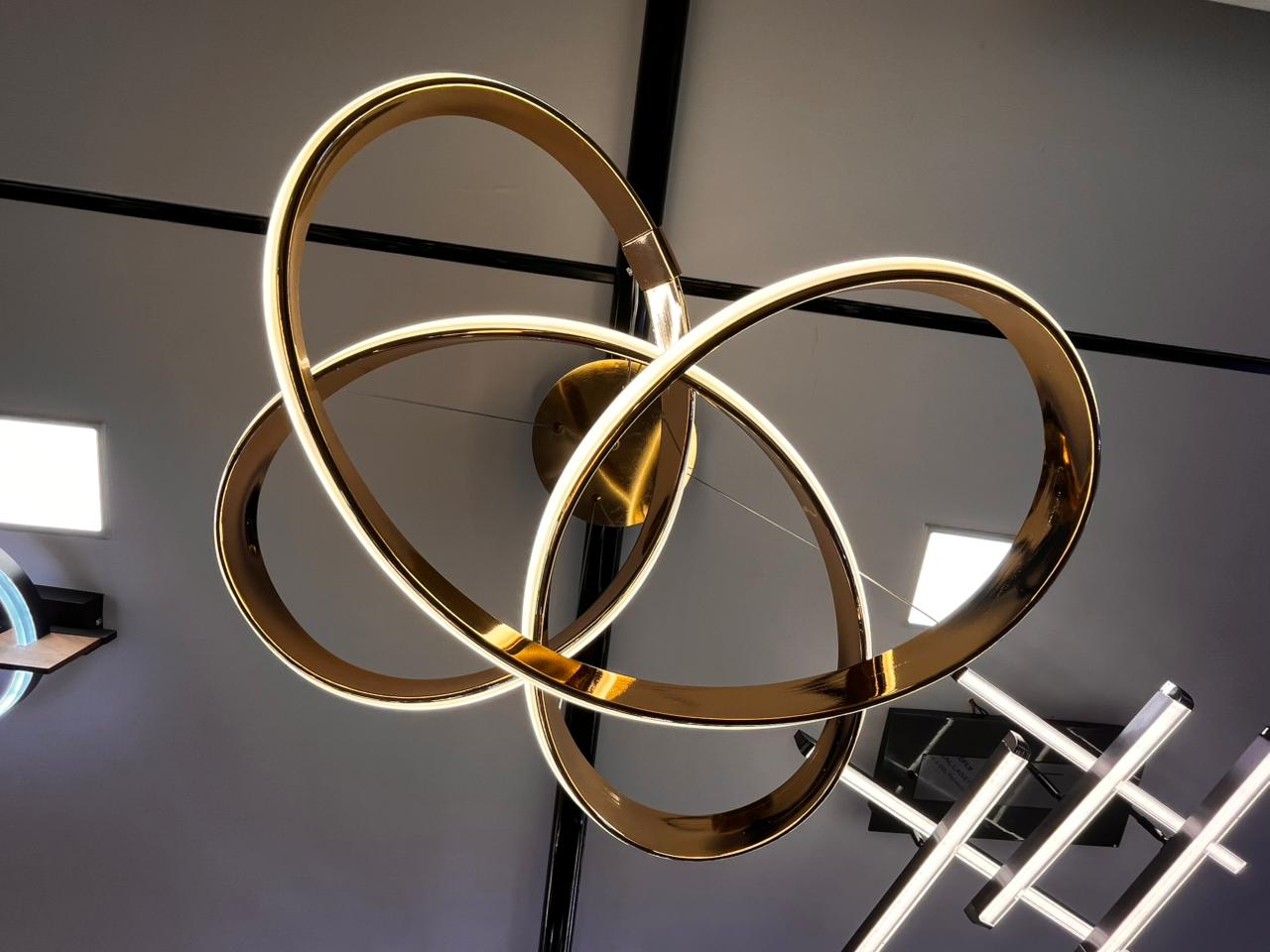 Luxury Gold Ring LED Chandelier Ceiling Light | Modern Infinity Loop Hanging Pendant Lamp for Living Room, Bedroom & Dining Area – Model: Golden Orbit